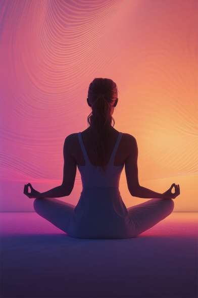 A person sits in a meditative pose on a mat, surrounded by flowing pink hues and a colorful sunset. The peaceful atmosphere creates a sense of calm and reflection.